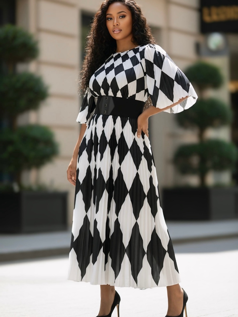 Elegant Black & White Diamond-Print Midi Dress with Belt
